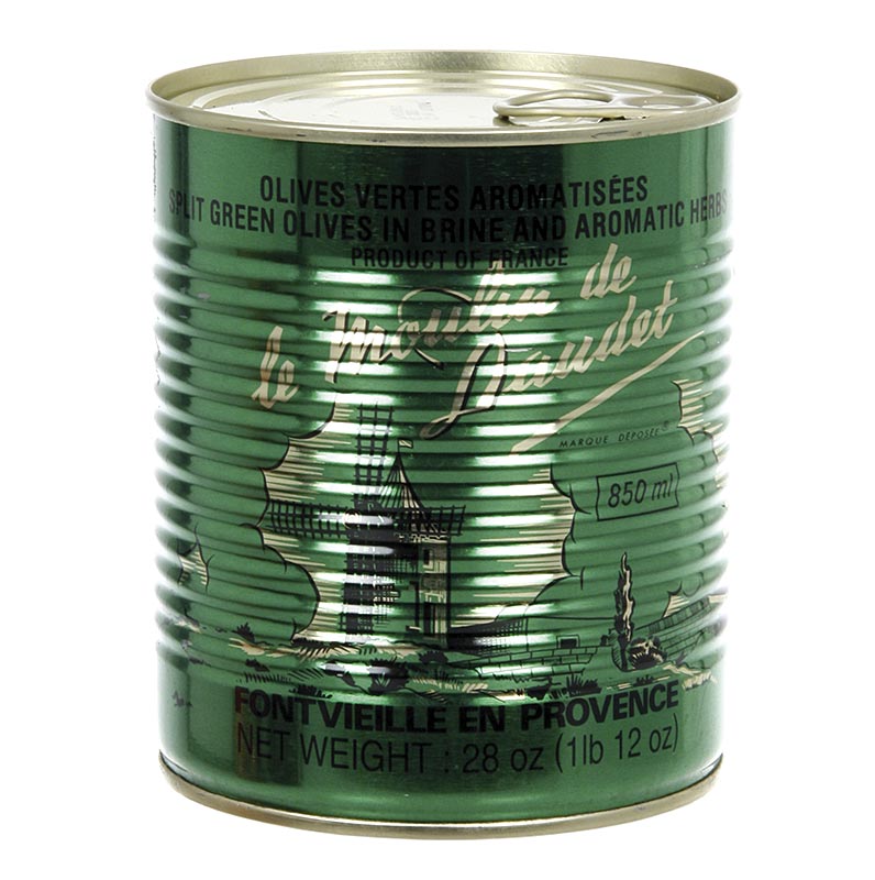 Grønne oliven, med sten, med provencalske urter, i saltlage, 800 g