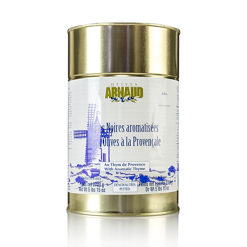 Sorte oliven, uden kerner, med timian, i solsikkeolie, Arnaud, 2,7 kg