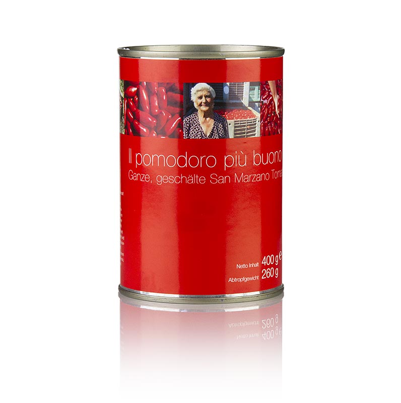 San Marzano-tomater, hele, røde, flåede, Campania, Italien, 400 g