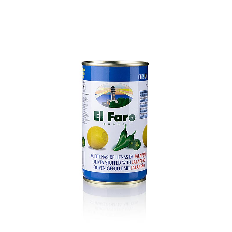 Grønne oliven, uden kerner, med Jalapano-chili, El Faro, 350 g