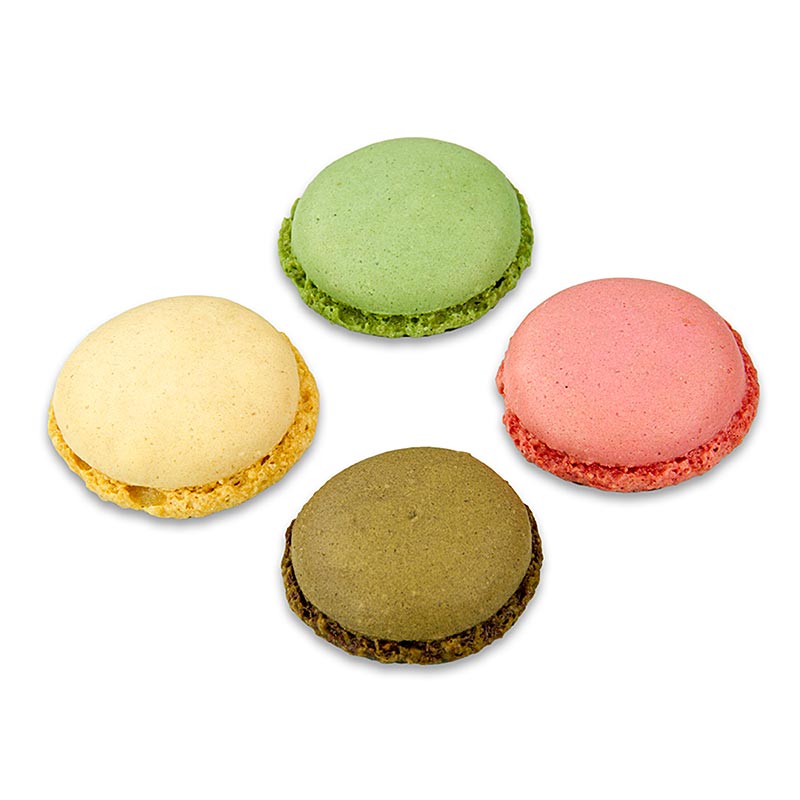 Macarons mix 1 (96 x hver pistacie, chokolade, natur, hindbær), ca. Ø3,5 cm, 921 g, 384 stk.
