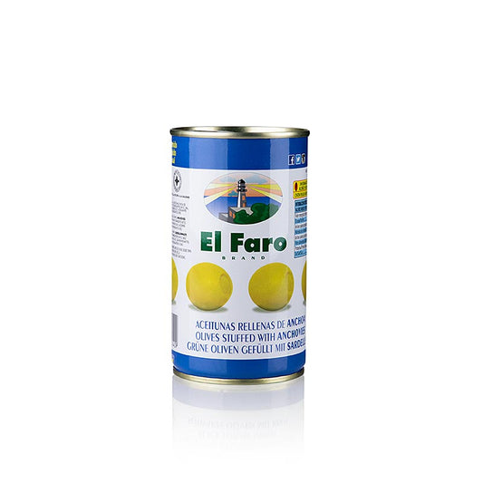 Grønne oliven, uden kerner, med ansjoser (ansjosfyld), El Faro, 350 g