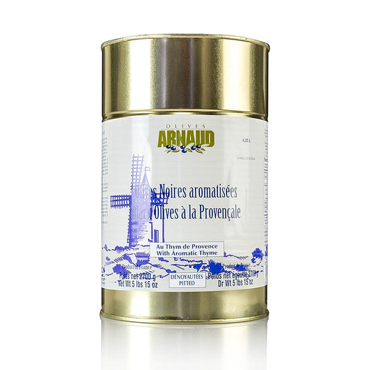Sorte oliven, uden kerner, med timian, i solsikkeolie, Arnaud, 2,7 kg