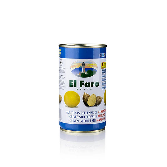 Grønne oliven, uden kerner, med mandler, i saltlage, El Faro, 350 g