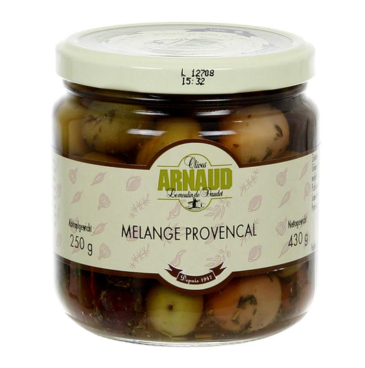 Olivenblanding, Melange Provencal, med sten, med timian, i saltlage, Arnaud, 430 g