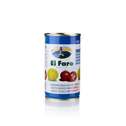 Grønne oliven, uden kerner, med tomat, i saltlage, El Faro, 350 g