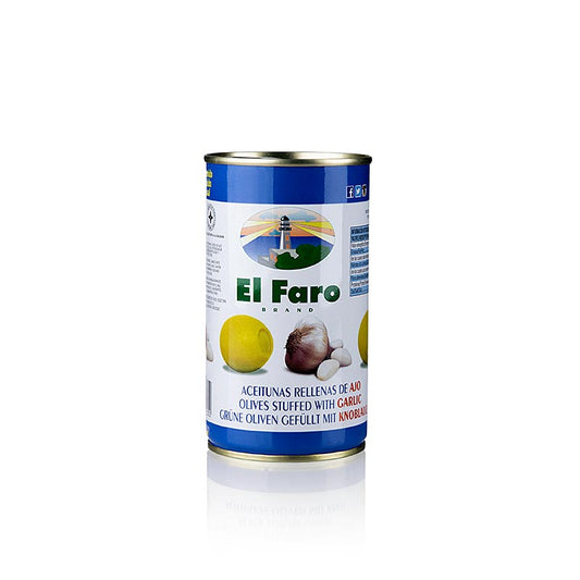 Grønne oliven, udstenede, med hvidløgspasta, i saltlage, El Faro, 350 g