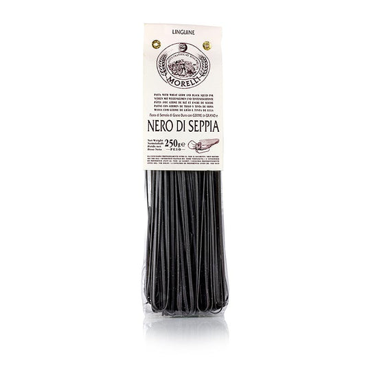 Morelli 1860 Linguine, sort, med sepia blæksprutteblæk &amp; hvedekim, 250 g