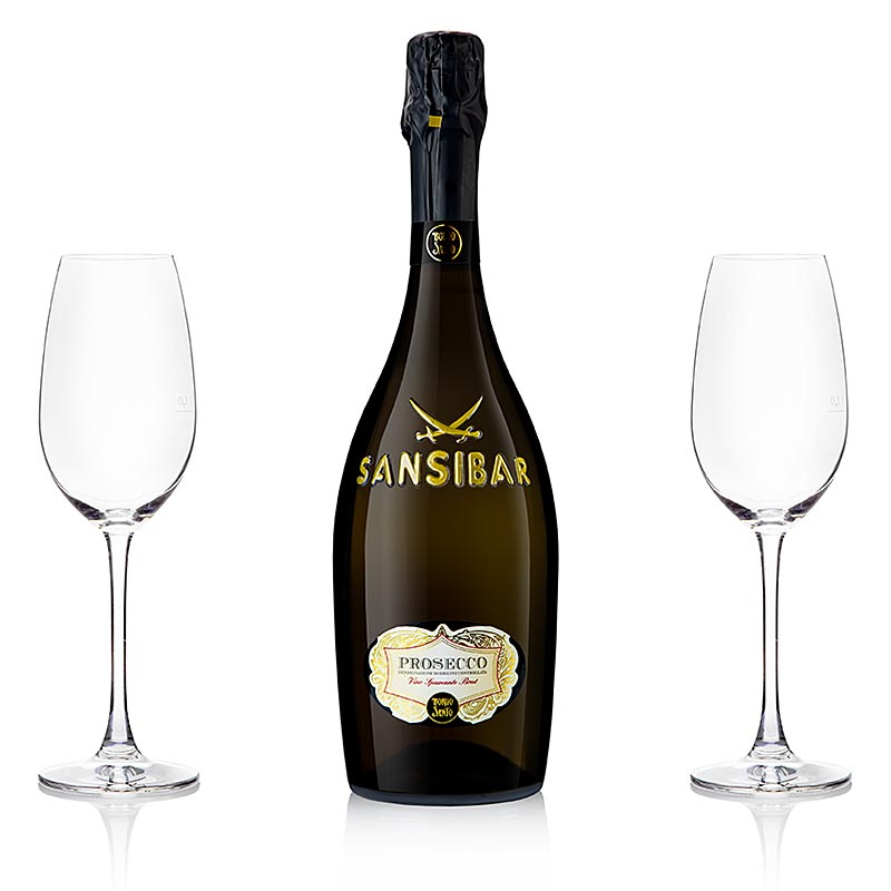 Zanzibar's Best San Simone Prosecco Brut 0,75l + 2 Riedel Champagneglas, 3 stk.