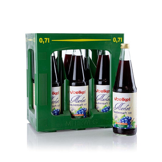 Merlot-druesaft, mørk, 100 % direkte saft, Voelkel, økologisk, 4,2 liter, 6 x 700 ml