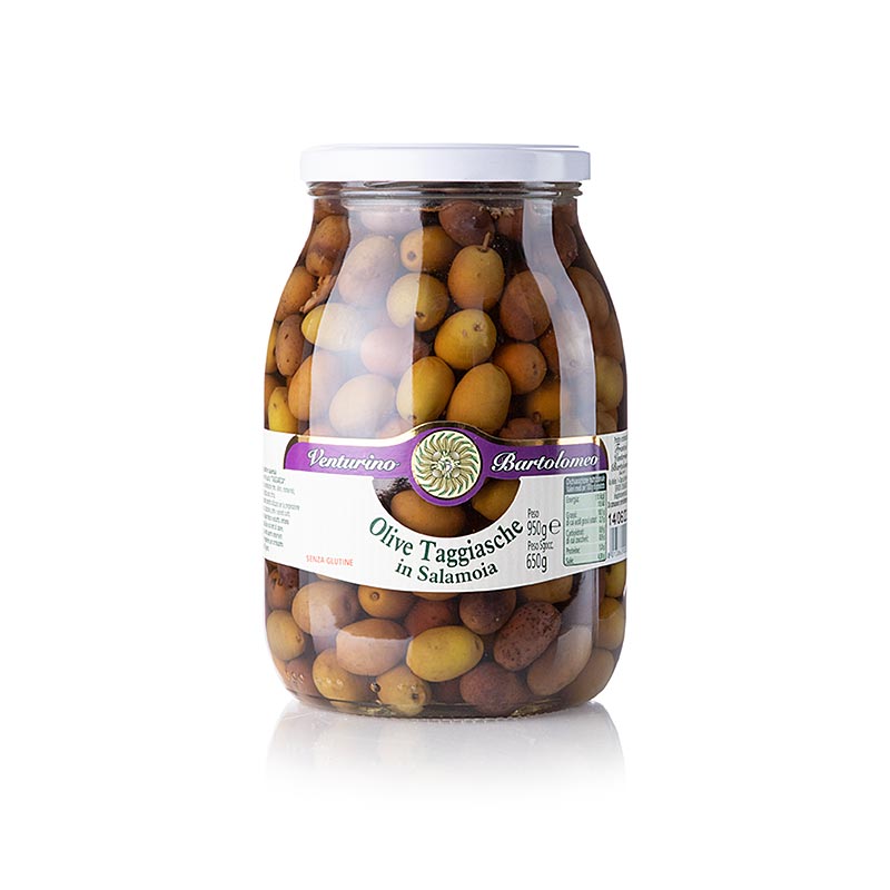 Olivenblanding, grønne og sorte Taggiasca-oliven, med sten, i saltlage, Venturino, 950 g