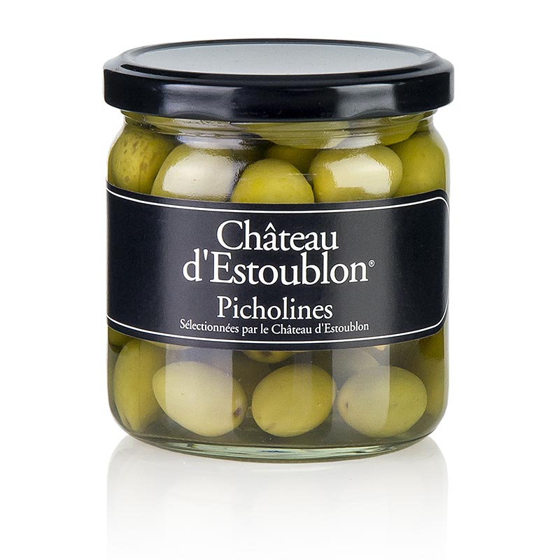 Grønne oliven, med sten, Picholine oliven, i saltlage, Chateau d'Estoublon, 350 g