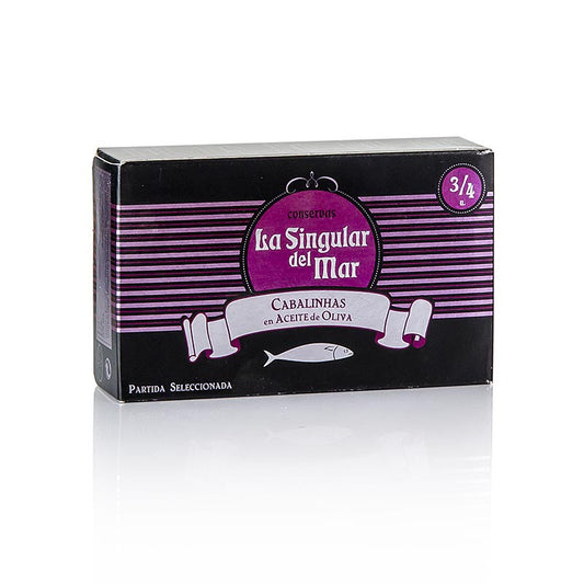 Makrel "Caballitas", hel, lille, i olivenolie, La Singular del Mar, 120 g