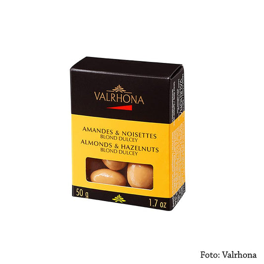 Valrhona Equinoxe-kugler - mandler/hasselnødder i Dulcey-chokolade, 50 g