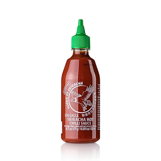 Chilisauce - Sriracha, krydret, med hvidløg, klemmeflaske, Uni-Eagle, 430 ml