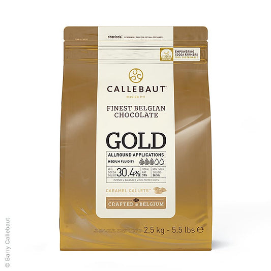 GOLD chokolade, med karamelsmag, Callets, 30,4 % kakao, 2,5 kg