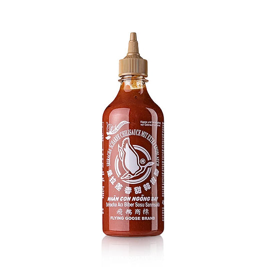 Chilisauce - Sriracha, stærk, med hvidløg, klemflaske, Flying Goose, 455 ml