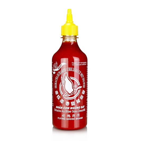 Chilisauce - Sriracha, stærk, med ingefær, klemflaske, Flying Goose, 455 ml