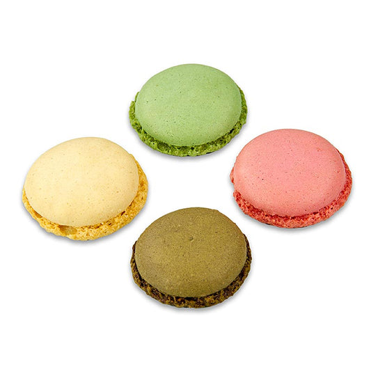 Macarons mix 1 (96 x hver pistacie, chokolade, natur, hindbær), ca. Ø3,5 cm, 921 g, 384 stk.