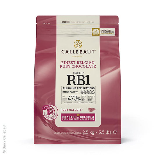 Ruby - Lyserød chokolade, 47,3 % kakao, Callets Couverture, Callebaut, 2,5 kg