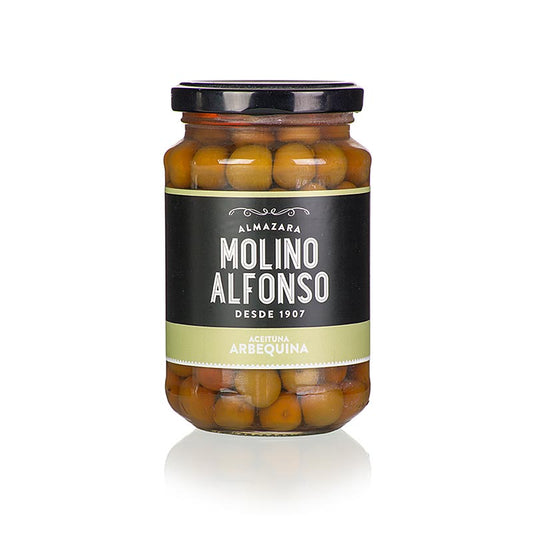 Grønne oliven, med sten, Arbequina, i saltlage, Molino Alfonso, 355 g