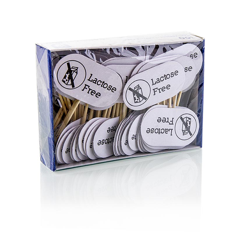 Træspyd, med tegn, med ordene "laktosefri", 8 cm, 100 St
