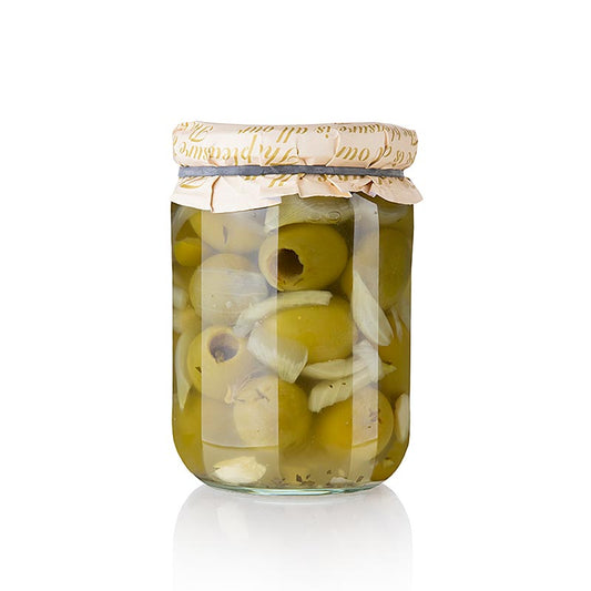 Grønne oliven, uden kerner, Gordal, med løg, Torremar S.L., 580 g