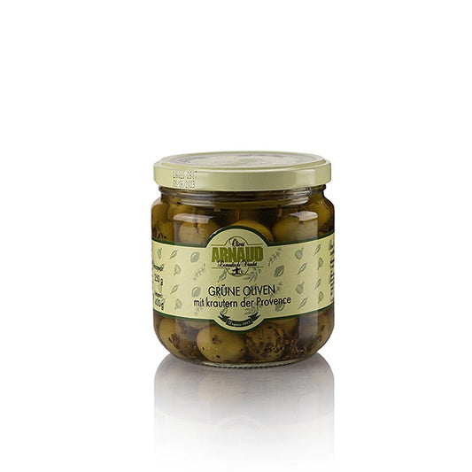 Grønne oliven, med sten, med krydderurter fra Provence, Arnaud, 430 g