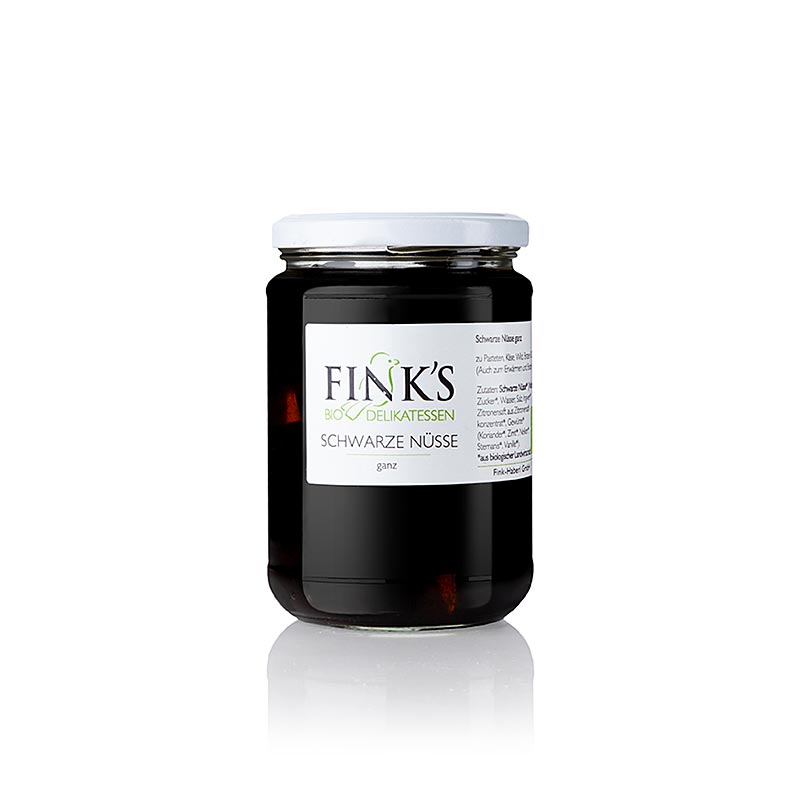 Schwarze Walnüsse (ganz) in kräftigem Sirup, Finks Delikatessen, BIO, 390 g