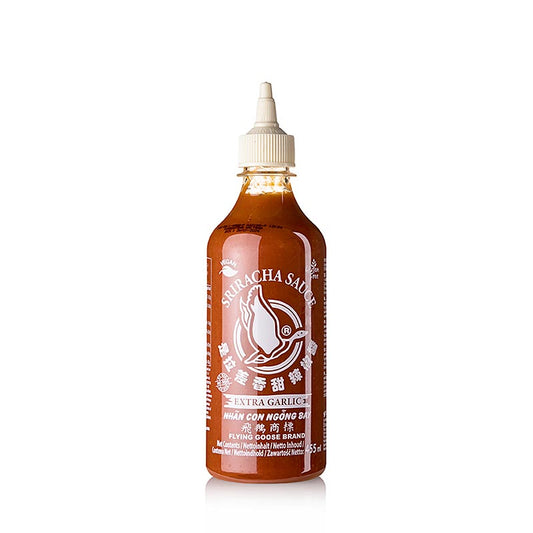 Chilisauce - Sriracha uden MSG, stærk, med hvidløg, presseflaske, Flying Goose, 455 ml