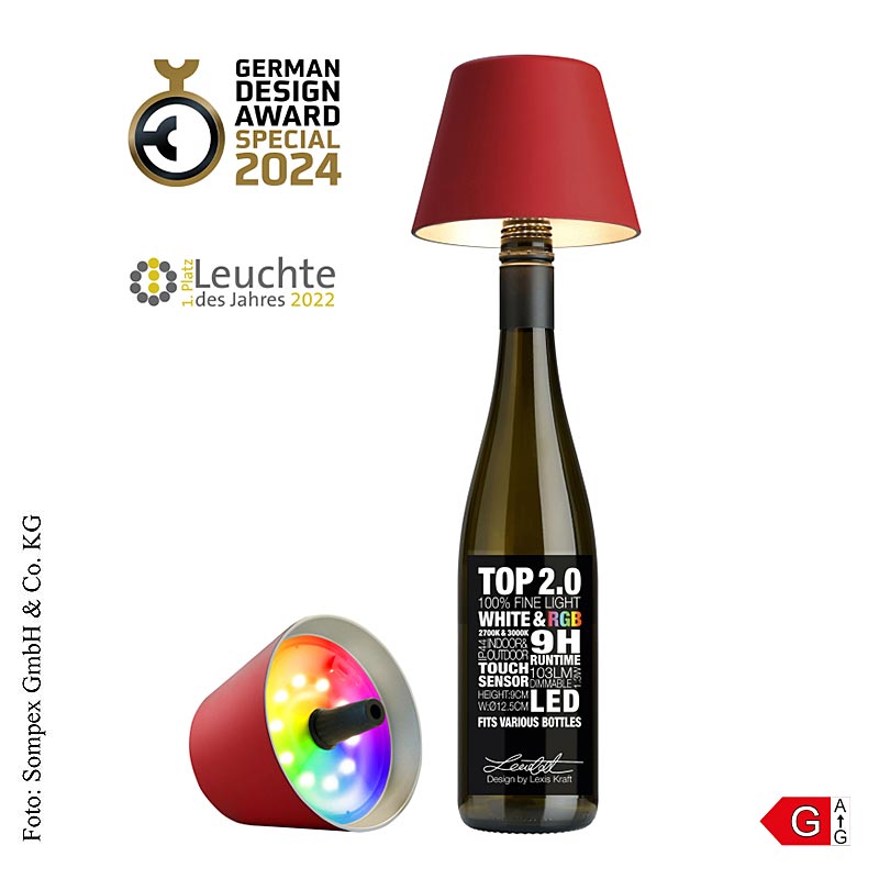 Bordlampe "TOP 2.0", til flasker, med genopladeligt batteri, 11x12,5cm, plast, rød (72530), 1 stk.