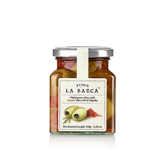 Grønne oliven, uden kerner, med røget paprika, Finca La Barca, 130 g