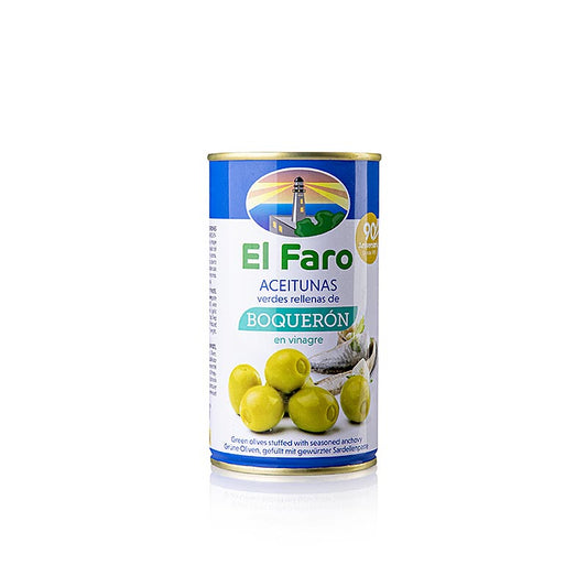 Grønne oliven, med ansjosboqueron (ansjoseddike), El Faro, 350 g