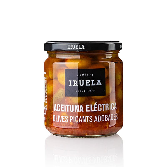 Aceituna Electrica, grønne oliven med sten, krydret, Iruela, 365 g