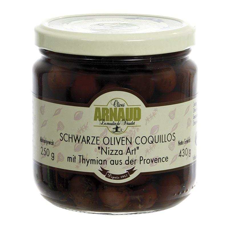 Sorte oliven med core Coquillos oliven, timian, Sø, Arnaud, 430 g - pickles, konserves, antipasti - oliven / oliven pastaer -