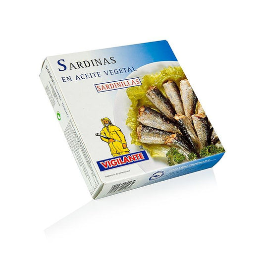 Sardiner, alle, med hud og græs, i vegetabilsk olie, 275 g
