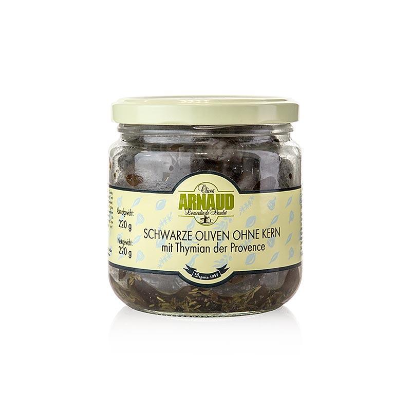 Sorte oliven, uden sten, med timian, i solsikkeolie, Arnaud, 220 g - pickles, konserves, antipasti - oliven / oliven pastaer -