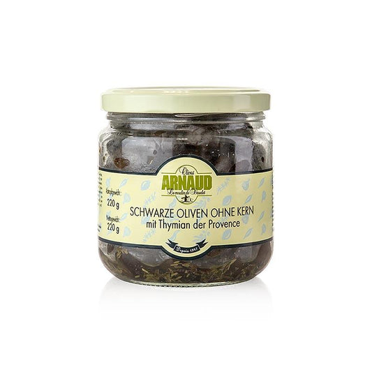 Sorte oliven, uden sten, med timian, i solsikkeolie, Arnaud, 220 g - pickles, konserves, antipasti - oliven / oliven pastaer -