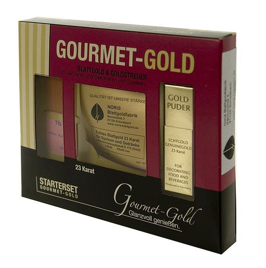 Guld - Starter 5xBlattgold 65x65mm, guld pulver, 22 Karat, børste, E175, 3 stk -. Pastry, desserter, sirupper - konditori Aids -