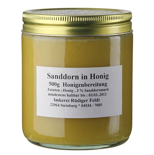 Havtorn i honning, harmonisk, mildt frugtagtig, 500 g - honning, marmelade, frugt opslag - honning biavl Feldt -