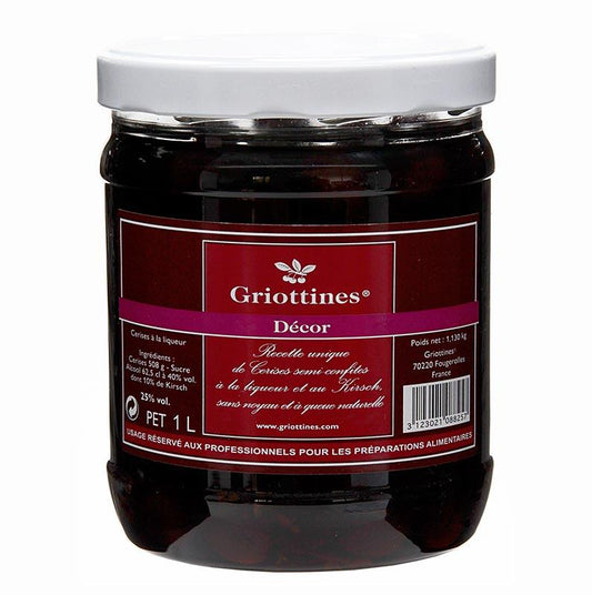 Griottines indretning, halbkandierte surkirsebær uden en kerne, med stilk, bind 25%, 1 l -. Frugt, frugtpuré, frugtprodukter - frugtprodukter -