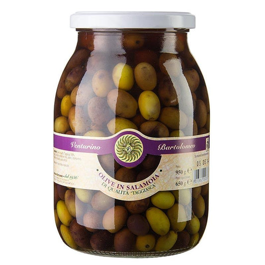 Oliven blanding, grønne & sorte Taggiasca oliven, med kerne i Lake, Venturino, 950 g - pickles, konserves, antipasti - oliven / oliven pastaer -