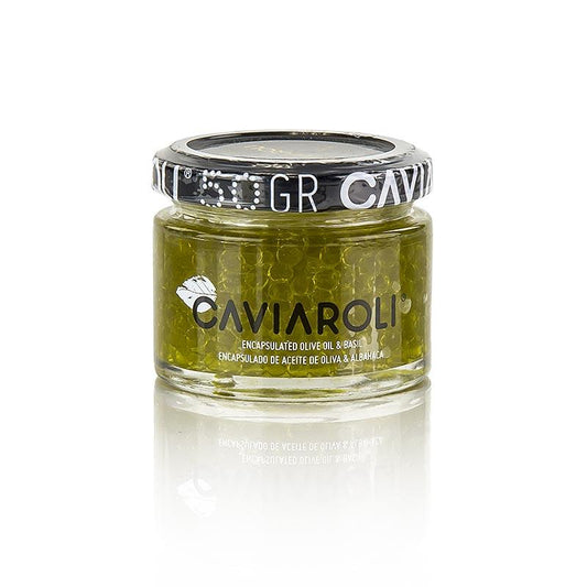 Caviaroli® olie kaviar oliven, små perler af olivenolie med basilikum, grøn, 50 g - Caviar, østers, fisk og fiskeprodukter - kaviar -