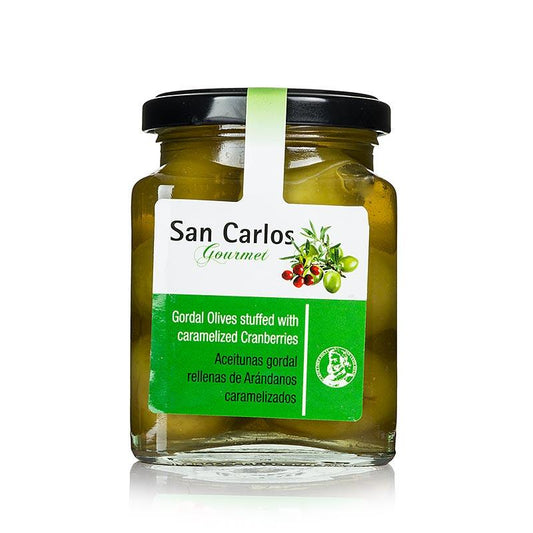 Grøn Gordal oliven, uden sten, med karamel rækkehuse Tranebær, San Carlos, 300 g - pickles, konserves, antipasti - oliven / oliven pastaer -