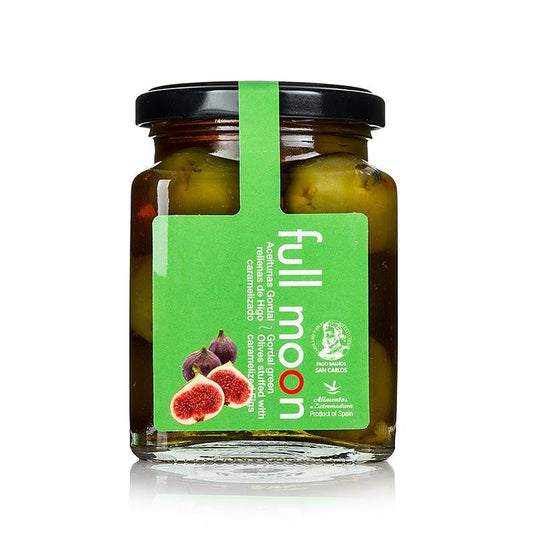 Grøn Gordal oliven, uden sten, med karameliseret figner, San Carlos, 300 g - pickles, konserves, antipasti - oliven / oliven pastaer -