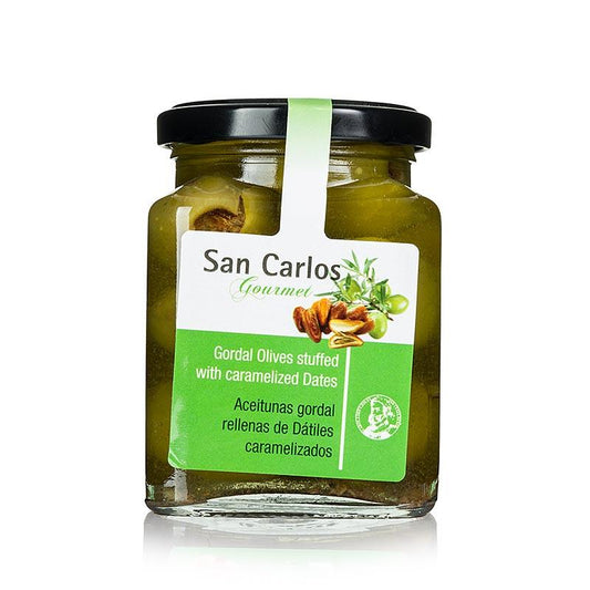 Grøn Gordal oliven, stenet, med karameliseret datoer, San Carlos, 300 g - pickles, konserves, antipasti - oliven / oliven pasta -