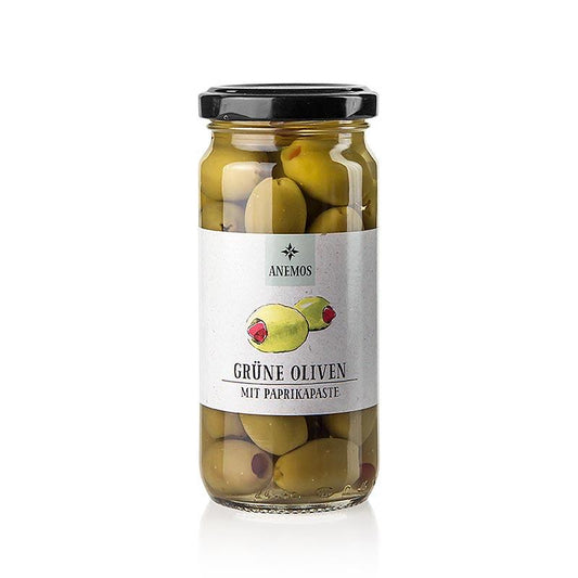 Grønne oliven, peberfrugter fyldt med pasta i Lake Anemos, 227 g - pickles, konserves, startere - Olivenolie / oliven pastes -