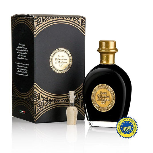 Aceto Balsamico di Modena I.G.P. fra en enebær tønde, sort boks, 250 ml - ethyl & Oil - balsamisk eddike Fondo Montebello -