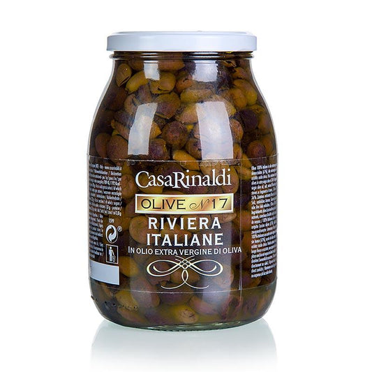 Sorte oliven, uden sten (snocciolate) i olivenolie, Casa Rinaldi, 900 g - pickles, konserves, antipasti - oliven / oliven pastaer -