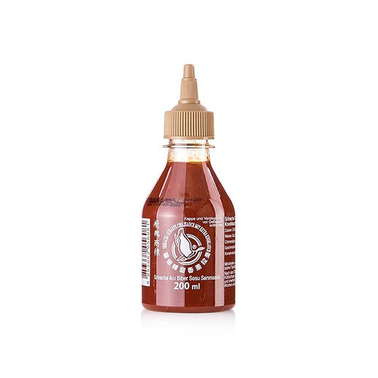 Chili Sauce Sriracha, skarpe, med ekstra hvidløg, squeeze flaske, Flying Goose, 200 ml -